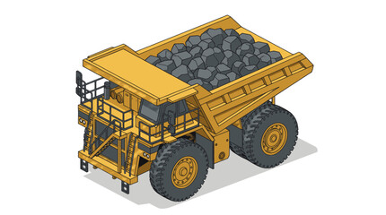 Large yellow mining dump truck transporting black coal at industrial site. © Sobo