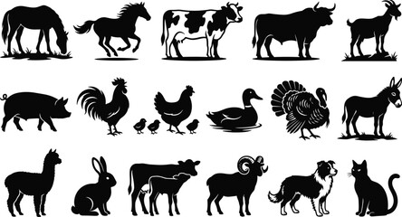 Fototapeta premium Collection of eighteen farm animal silhouette vector icons featuring livestock, poultry, and domestic pets isolated on white image_3b82dd.png