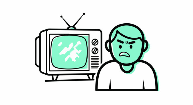Frustrated man watching old television with static display.
