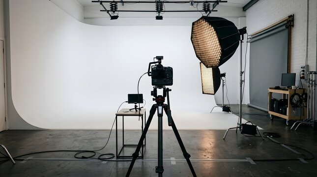 Professional Photography Studio Setup with Camera, Softbox Lights and White Cyclorama