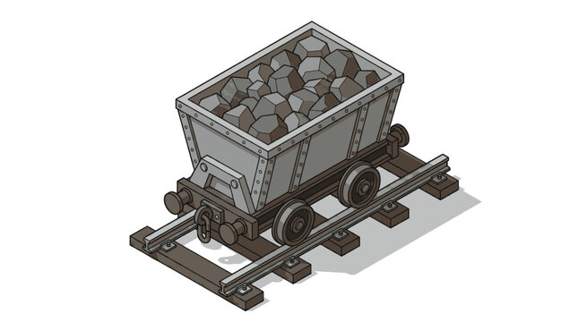 Three-dimensional rendering of an industrial mining cart filled with gray rocks.