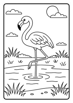 Cute flamingo coloring page standing in shallow water with bold outlines and a simple nature background.