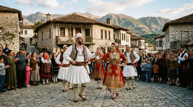 Traditional Balkan Folk Dance Performance in Historic Village Square surrounded by Local Audience