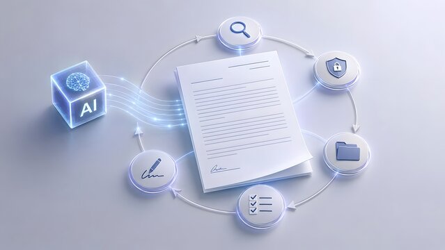 Artificial intelligence contract lifecycle management with glowing AI brain analyzing signed legal documents and workflow process icons