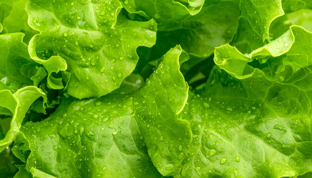 Fresh Green Lettuce Leaves with Water Droplets Macro Background
