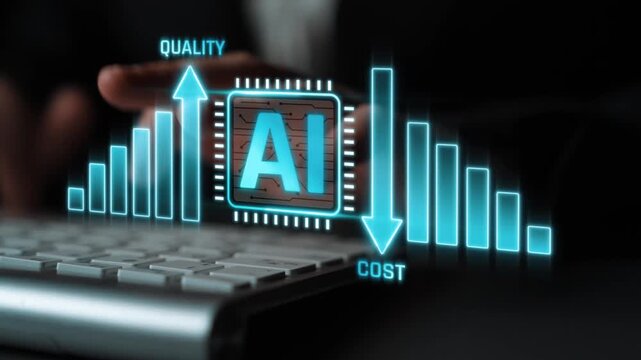 Hands Typing on Keyboard with Artificial Intelligence Data Visualization, Showing Quality Increase and Cost Decrease for Business Optimization Sigmoid