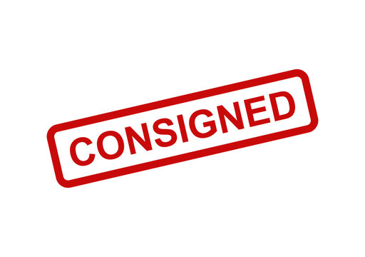 Red consigned rubber stamp icon with rectangle border for business documents and retail inventory tracking labels isolated on transparent background