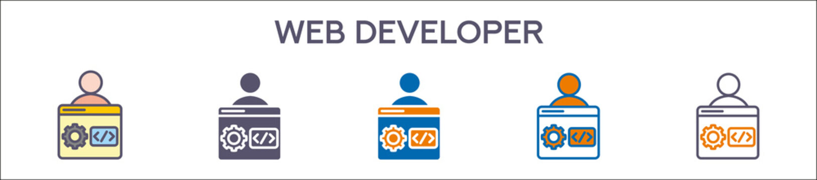 Web Developer Element For Design Graphic - Multi Styles. Vector Illustration Of Two Colored And Black. Multiple Icons Designs Can Be Used For Mobile, Ui, Web 