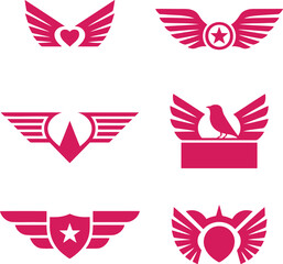 Fototapeta premium Whimsical collection of creative wing designs featuring hearts, stars, birds, and shields for various themes