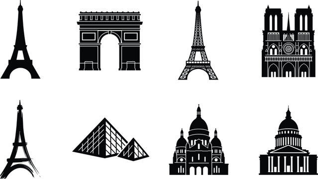 Famous Paris and world landmark silhouette collection featuring Eiffel Tower Arc de Triomphe Louvre Pyramid and cathedral monuments vector set