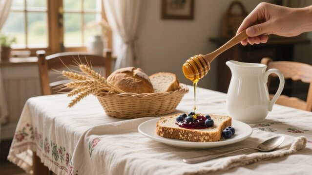 Honey being drizzled onto a slice of toast topped with blueberries on a rustic breakfast table