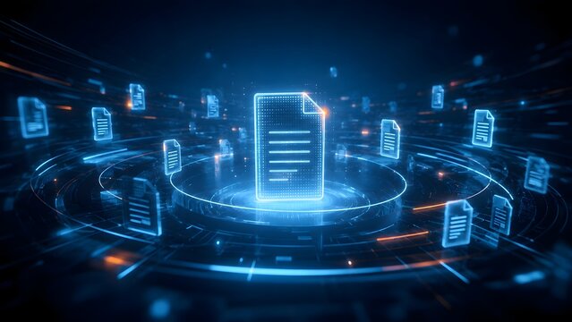 Verified digital document with checkmark surrounded by orbiting data files in futuristic holographic computer interface