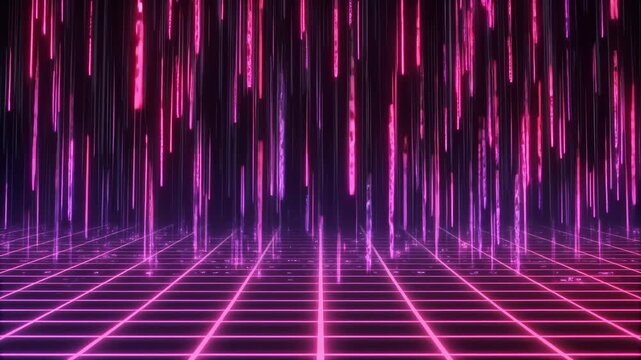 Pink and Purple Digital Rain Falling on Neon Grid Retrowave Cyberpunk Concept Loop