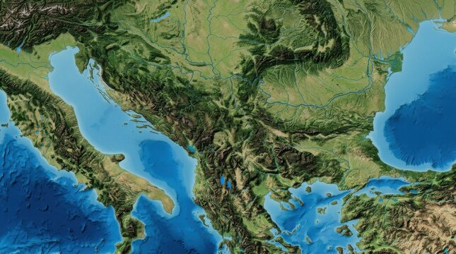 Topographical Map of Southern Europe and the Balkans with Mountain Ranges and Water Bodies