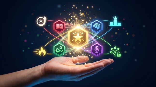 Gamification business strategy concept with glowing icons over hand, digital rewards and skill development symbols, futuristic talent management visualization