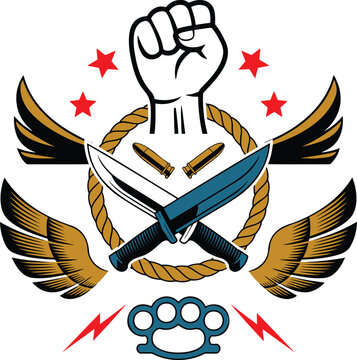 Aggressive emblem featuring a clenched fist, crossed knives, military wings, stars, and brass knuckles
