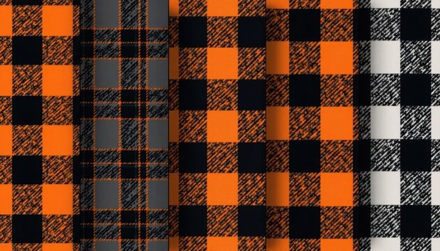 Halloween tartan & buffalo check plaid seamless vector patterns Orange, black, gray & white flannel textures , vector, plaid