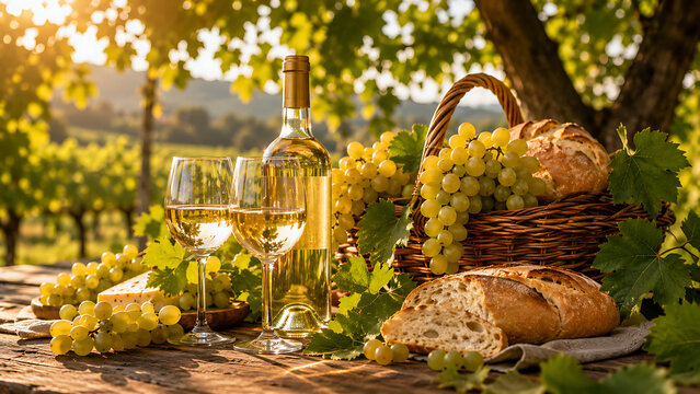 Outdoor picnic scene in vineyard with wine bottle glasses fresh bread and grapes