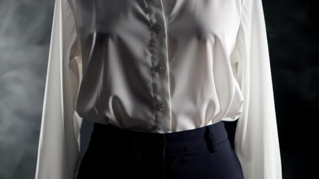 Cinematic close-up of a white silk blouse and dark trousers on a headless mannequin torso, obscured by dense swirling white smoke and fog on a dark studio background.