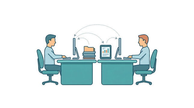 Business Data Sharing & Team Collaboration Icon | Office Workflow, File Transfer, Digital Communication, and Network Connectivity Illustration