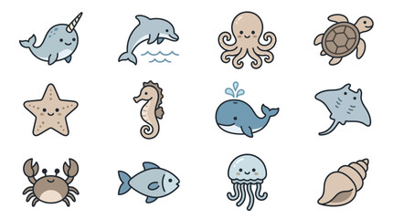 Cute Cartoon Sea Creatures Collection: Narwhal, Dolphin, Octopus, Turtle, Starfish, Seahorse, Whale, Manta Ray, Crab, Fish, Jellyfish, Seashell © Cimol
