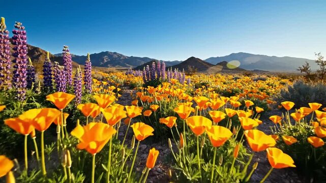 Vibrant superbloom with poppies, lupines, and desert mountains under clear sky