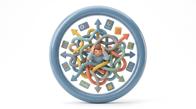Overwhelmed Person in Tangled Arrows: Business Decision-Making, Information Overload, Stress Management, Complex Problem Solving