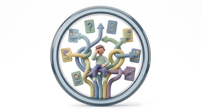 Creative illustration showing business professionals climbing financial pathways surrounded by floating currency, representing investment growth, wealth management, and financial success.