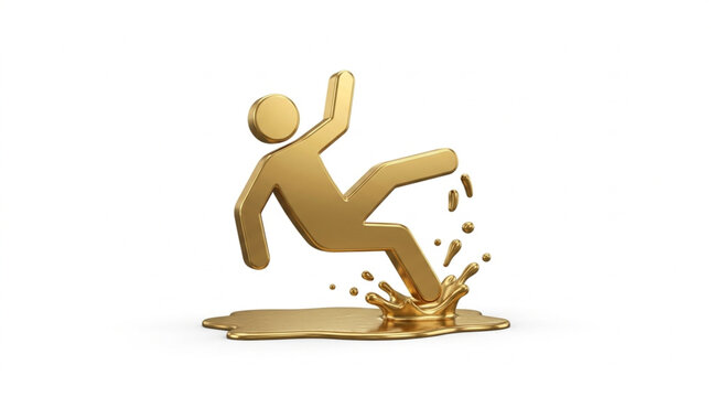 Golden 3D Figure Slipping on Banana Peel.