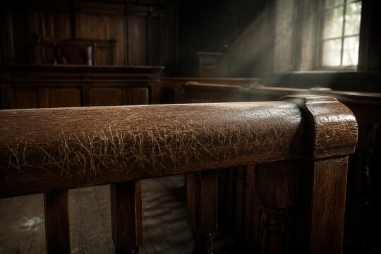 Abandoned courtroom defendant rail with scratch marks, dust motes in light.