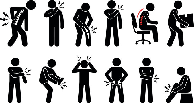 Ergonomic Body Pain and Injury Symptoms Stick Figure Silhouette Vector Icon Set for Chiropractic Clinics, Physiotherapy Manuals, and Workplace Safety Training Presentations