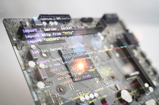Abstract glowing processor on a computer motherboard with software source code overlay, representing artificial intelligence, software development, cloud computing technology.