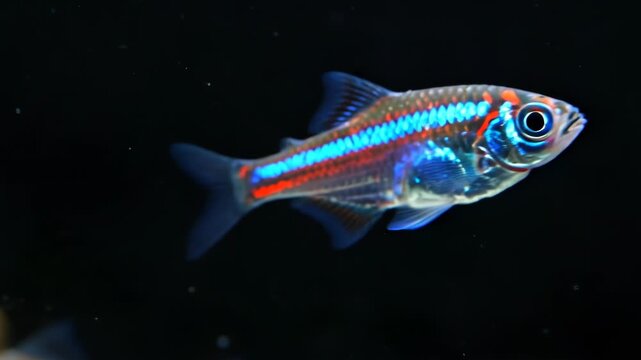 Small iridescent tropical fish with a neon blue horizontal stripe and red scales swimming against a deep black background, detailed macro view of aquatic specimen.