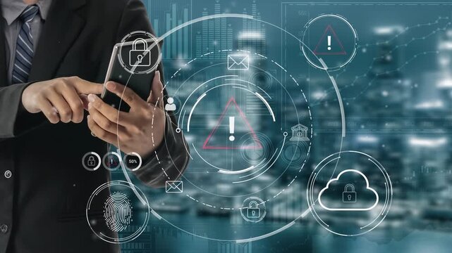 Businessman using smartphone with cybersecurity icons, digital elements and warnings, representing data protection and IT security in modern technology. Entropy.