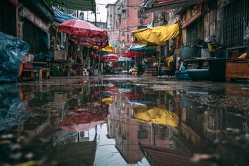 Obraz premium Closed street market after rain with awning reflection