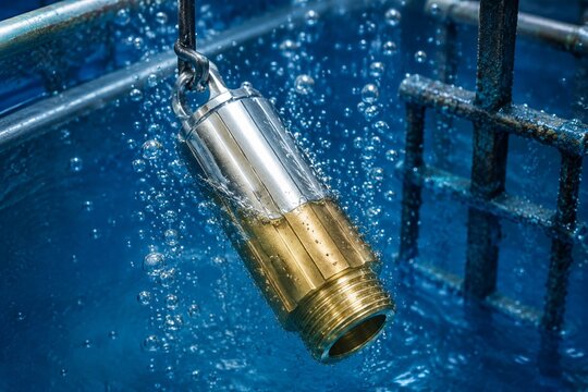 A brass component submerged in a blue electroplating bath, bubbles rising.