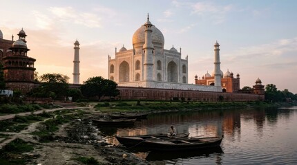 Naklejka premium Iconic Taj Mahal in India at sunrise with river and boat views