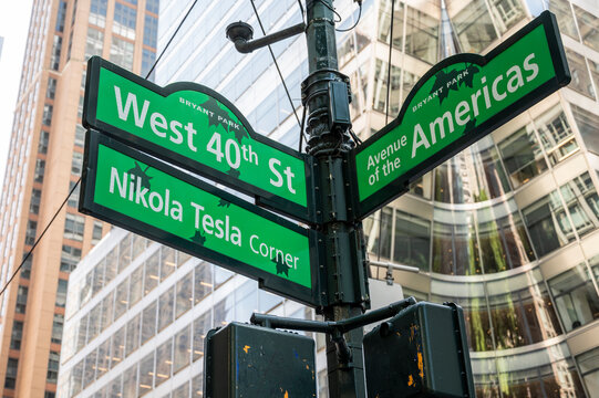 Street sign, Nikola Tesla Corner in New York City.
