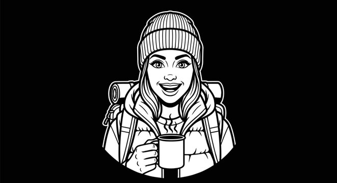 Woman in warm clothing holds cup smiling outdoors in winter