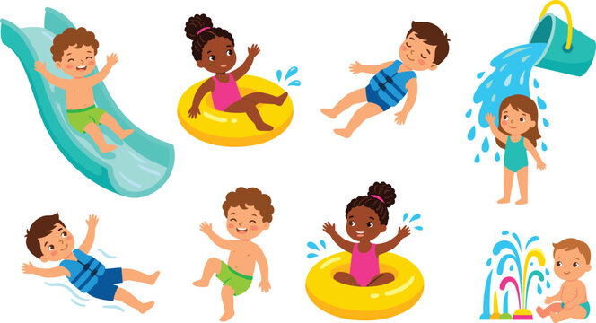 Kids summer water play collection featuring children on water slide inflatable tube splash fountain and outdoor swimming activities vector set