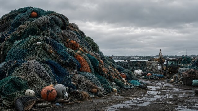 Pile of colorful fishing nets and buoys stacked on a dock, with a cloudy sky and distant harbor cranes visible in the background, illustrating a marine industry setting