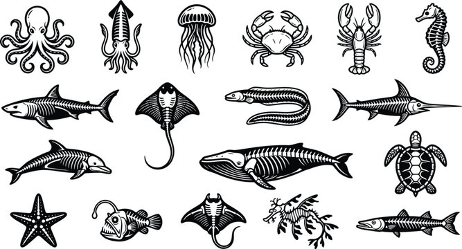Black and white of african wildlife and tribal symbols zebra lion elephant giraffe