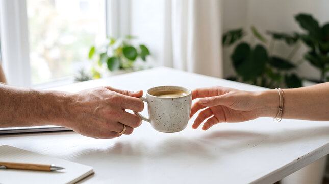 Professional Hands Exchanging Coffee Mug in Minimalist Office Setting - Business Break, Client Hospitality, and Workplace Refreshment