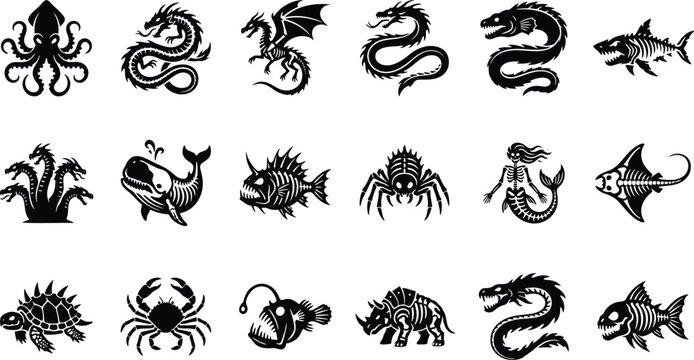 Black and white of african wildlife animals and birds zebra elephant lion giraffe