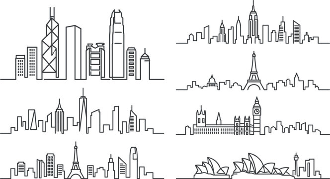 Global City Skyline and Famous Landmark Line Art Vector Icon Set for International Travel Agency Branding, Tourism Websites, and Business Logistics Graphics