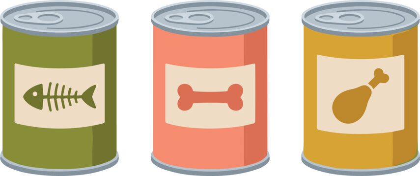 Pet canned food collection featuring fish bone and meat labeled tins for cat and dog nutrition vector illustration set
