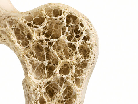 Macro 3D illustration of a porous bone tissue structure representing osteoporosis medical condition