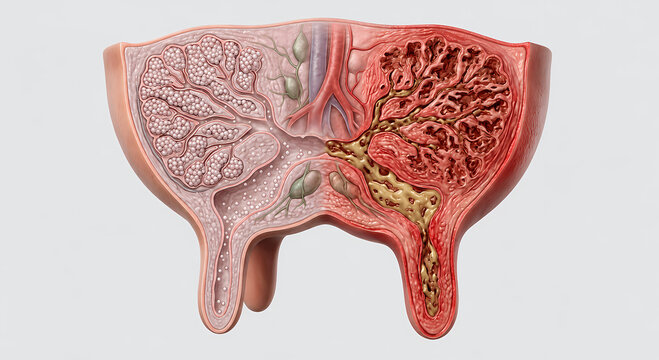3D veterinary anatomy cross section of a domestic animal mammary gland showing healthy tissue versus infected mastitis structure