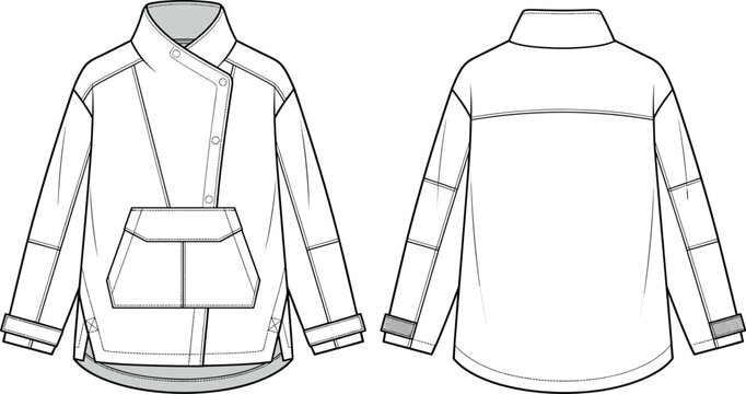 Technical flat sketch of modern jacket with asymmetrical closure, high collar, kangaroo pocket, adjustable cuffs, and curved hem