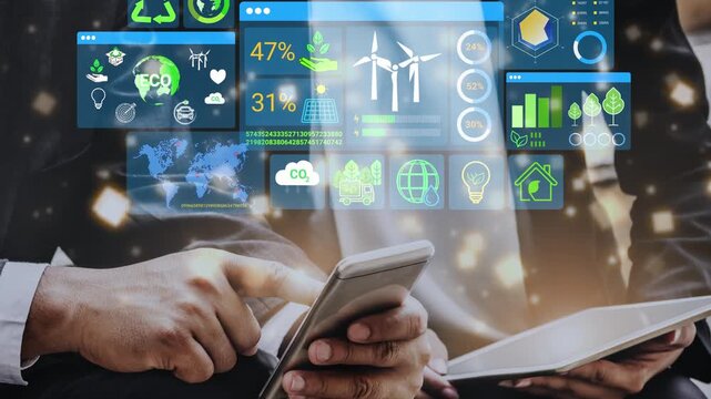 Business Professional Analyzing Environmental Data and Statistics on Smart Device with Graphs and Eco-Icons in Modern Corporate Setting. Entropy.